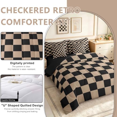Feelyou Checkered Retro Comforter Set with Sheets 7 Piece Twin Size Brown Plaid Bed in a Bag Kids Boys Girls Geometric Vintage Bedding Set Modern Simple Groovy Aesthetic Bedroom Decor Breathable Soft