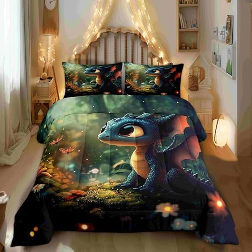 Castle Fairy Cute Dragon Twin Size Comforter Set,Mysterious Wild Animals Duvet Set Soft Bed Collection,Kawaii Flower Animals Bedding Comforter for Boys Girls Bedroom,2 Pcs