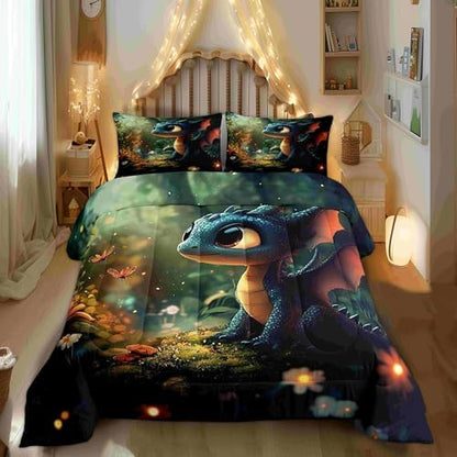 Castle Fairy Cute Dragon Twin Size Comforter Set,Mysterious Wild Animals Duvet Set Soft Bed Collection,Kawaii Flower Animals Bedding Comforter for Boys Girls Bedroom,2 Pcs