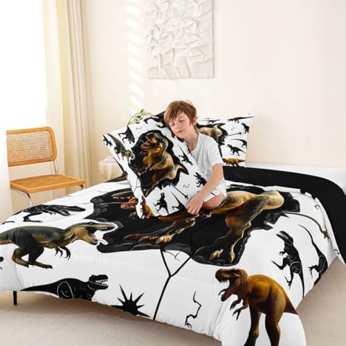 Feelyou Kids Dino Kids Comforter Set Full Size Dinosaur Bedding Set Ancient Jungle Dinosaur Duvet Quilt for Kids Boys Girls Bedroom White Cartoon Animals Decor Microfiber Ultra Soft Breathable