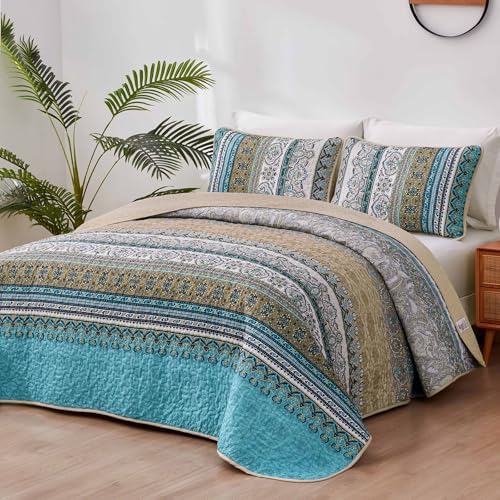 WONGS BEDDING Boho Quilt Queen Size,3 Pcs Bedspread Bedding Set, Blue Brown