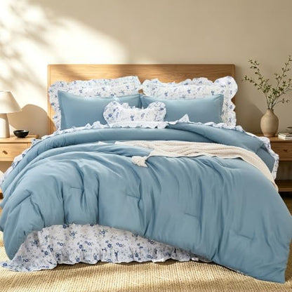 WONGS BEDDING 8PC Queen Comforter Set, Ruffle Comforter with Floral Sheets
