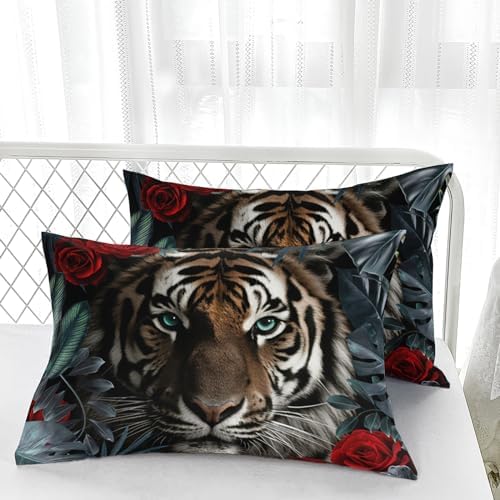 Nttopship Tiger Comforter Set Queen Size，Red Rose Flower Comforter Set for Kids,Wild Animal Printed Comforter Sets，Kids Room Decor with 1 Comforter with 2 Pillow Case