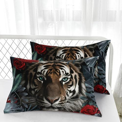 Nttopship Tiger Comforter Set Twin Size，Red Rose Tiger Bedding Set for Kids,Wild Animal Printed Bed Sets，Kids Room Decor with 1 Comforter with 2 Pillow Case