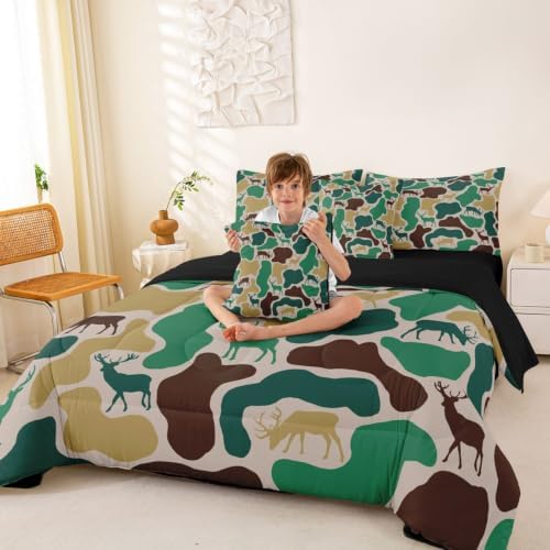 Erosebridal Deer Hunting Camo Bedding Set Twin Forset Wildlife Camouflage Comforter Set 7 Piece Beige Brown Green Camo Bed in A Bag for Kids Farmhouse Animal Quilt with Flat Fitted Sheet