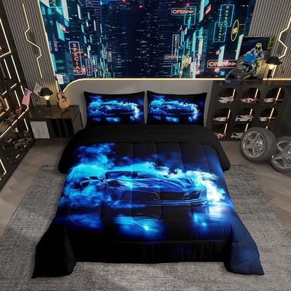 Erosebridal Blue Racing Car Comforter Set Full Size,Somky Extreme Sport Games Bedding Sets for Kids Boys Teens,Sports Race Car Bed in A Bag with 1 Comforter,2 Pillowcases,Cool Modern Duvet Insert