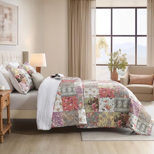 HIARUO Quilt Set King Size, 3 Pieces Bedspread Coverlet Plaid Patchwork Quilt Farmhouse King Size Comforter Set Lightweight Bedding with 2 Pillow Covers Shams for All Season Floral Red Purple