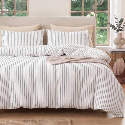 Bedbay Cotton Striped Duvet Cover Set King Size, Black White Stripe Bedding Set, 100% Cotton Sateen, Soft Smooth Breathable Minimal Hotel Set, 3 Pieces for All Seasons