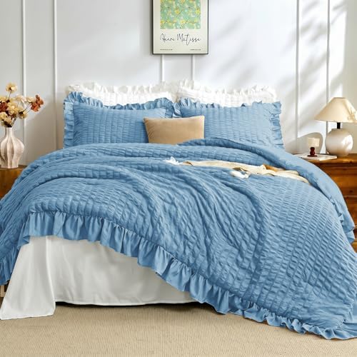 JOLLYVOGUE Sea Blue Queen Comforter Set, 3 Pieces Seersucker Comforters Queen Size, Lightweight & Fluffy Bedding Sets for All Season with 1 Ruffle Comforter and 2 Ruffle Pillowshams