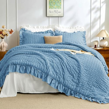 JOLLYVOGUE Sea Blue Queen Comforter Set, 3 Pieces Seersucker Comforters Queen Size, Lightweight & Fluffy Bedding Sets for All Season with 1 Ruffle Comforter and 2 Ruffle Pillowshams