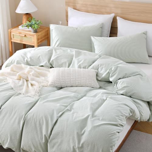 TOCOMOA Sage Green Striped Duvet Cover Set Washed Cotton Like Linen, King