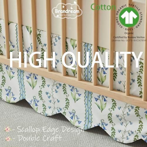 Brandream Scallop Edge Organic Crib Skirt Cotton Toddler Bedskirt Floral Stripes and Vines Baby Nursery Crib Bed Skirt Neutral Vintage Blue Floral Bouquet Farmhouse Chic Boho Bohemian Skirt