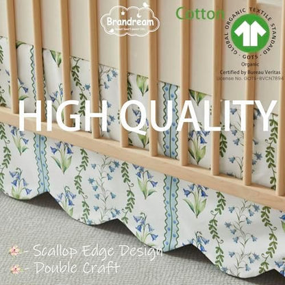 Brandream Scallop Edge Organic Crib Skirt Cotton Toddler Bedskirt Floral Stripes and Vines Baby Nursery Crib Bed Skirt Neutral Vintage Blue Floral Bouquet Farmhouse Chic Boho Bohemian Skirt