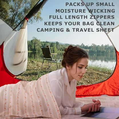 100% Cotton Sleeping Bag Liner with Full Length Zipper on 3 Sides; Single/Double Adult Sleep Sack for Travel & Camping, Multifunctional Travel Sheets (Unzipped 87”x87”) for Hotel, Lightweight