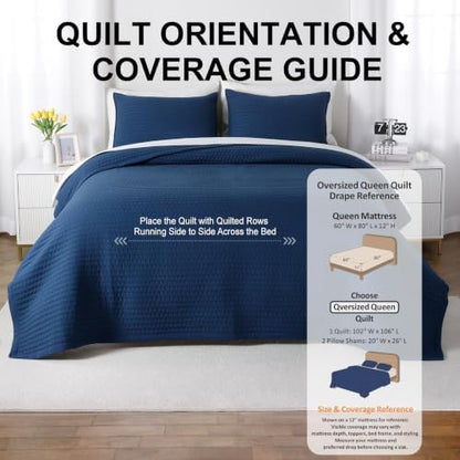 Oversized Queen Quilt Set 102 x 106 in, Lightweight, Dark Blue