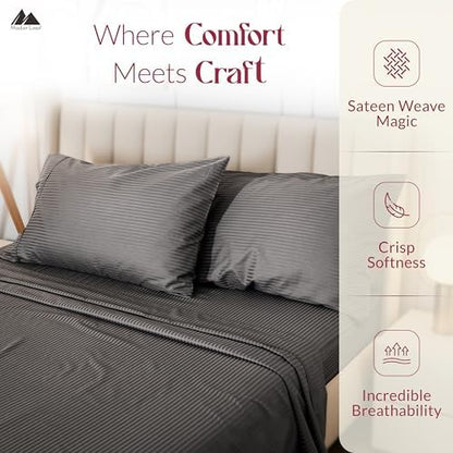 Mayfair Linen Egyptian Cotton Queen Sheets Set - Luxury 800 Series High Thread Count Queen Bed Sheet Set (4 PC, Dark Grey - Stripe), Soft Cooling Hotel Quality Bed Sheet Set - Tranquil Collection