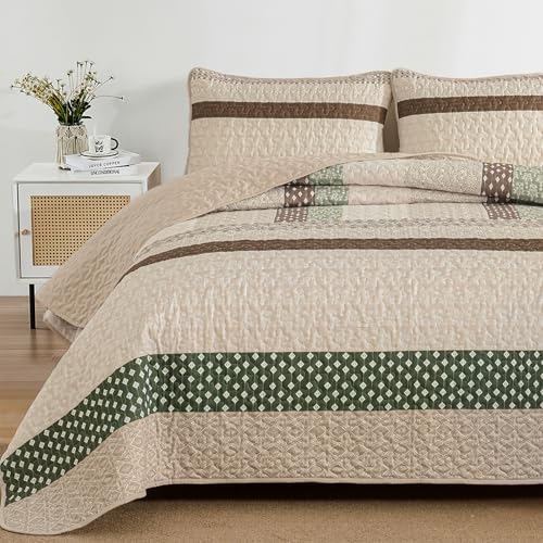 WONGS BEDDING Khaki Quilt King Size (110" x 90"), Soft Stripe Bedspreads