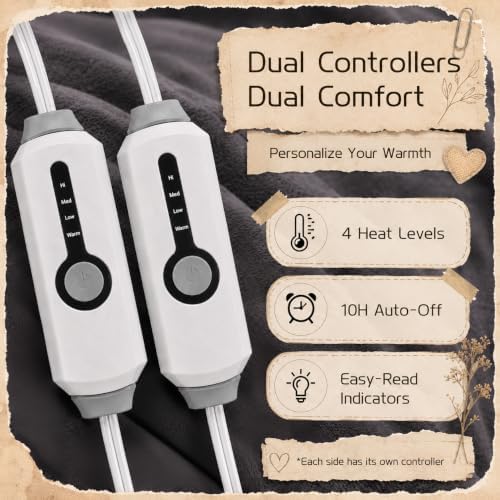 Electric Heated Blanket Queen Size 84"x90", Dual Controllers, Dark Gray