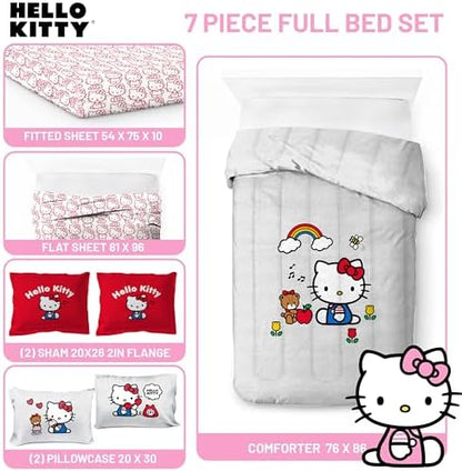 Sanrio Hello Kitty Full Comforter Set 7 Piece Bedding for Girls, Grey