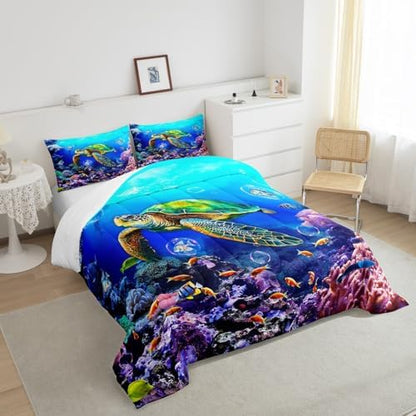 Sea Turtle Comforter Set Queen Size,Ocean Underwater World View Quilt Set Cute Colorful Fish Coral Bedding Set for Kids Girls Boys Adult Room Decor,Blue Hawaii Style Beach Duvet Insert 3Pcs