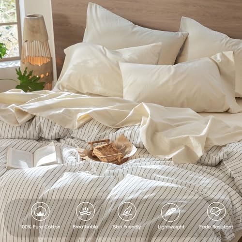 MooMee Sheet Set 100% Washed Cotton Linen-Like Extra Deep Pocket Queen