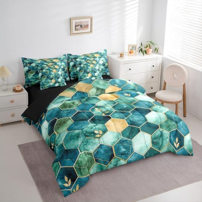 Erosebridal 3D Marble Honeycomb Comforter Set King Size,Geometric Hexagon Bedding Set for Kids Teens,Modern Foil (Comforter+Fitted+Flat Sheet+2 Pillowcases+2 Throw Pillow Covers) 7 Pieces Bed Set