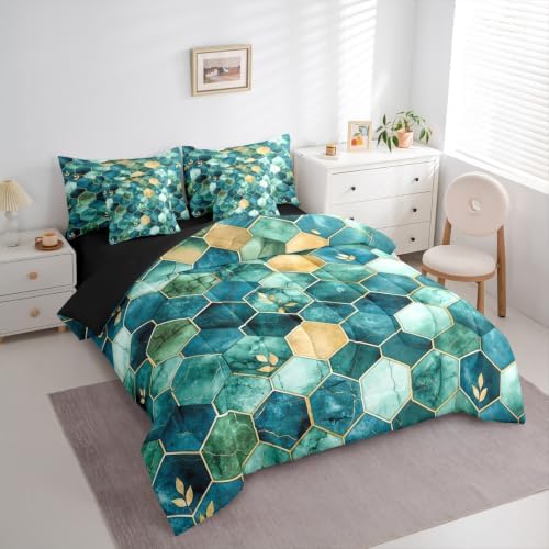 Erosebridal 3D Marble Honeycomb Comforter Set Twin Size,Geometric Hexagon Bedding Set for Kids Teens,Modern Foil (Comforter+Fitted+Flat Sheet+2 Pillowcases+2 Throw Pillow Covers) 7 Pieces Bed Set