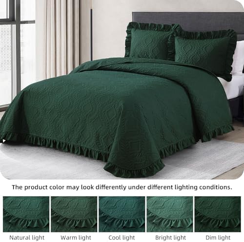 DJY King Quilt Set Emerald Green, 3 Pieces Ruffled Bedspreads Quilt