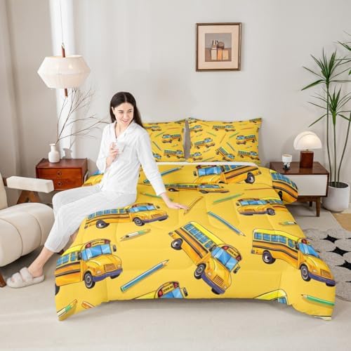 Erosebridal School Bus Queen Comforter Set for Home, School Truck Bedding Set for Kids Boys Girls Teens Bedroom Decor, Cartoon Car Theme Comforter, Yellow Quilt with 2 Pillowcases, 3 Pcs