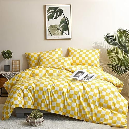 Houseri Plaid Comforter Set King 3 PCS White and Light Yellow Buffalo Checkered Bedding King Size Soft Comfy Women Men Luxury Bright Yellow Grid Checkerboard Gingham Bed Quilt Blanket