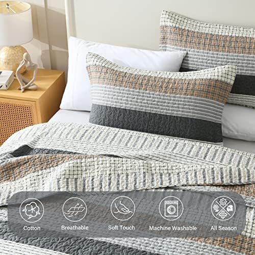 Finlonte 100% Cotton Queen Size Quilt Set, Patchwork Striped Queen Quilt Bedding Set Farmhouse Bedspread, Lightweight Quilted Comforter Reversible Bed Spread for All Season, White/Brown/Grey, 3 Pieces
