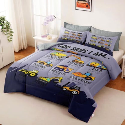 Boys Kids Construction Truck Comforter Set Twin Size,3 Piece Bed in a Bag Cars Excavators Tractor Bedding Set Construction Christian Spirational Comforter with 2 Pillowcases Gray