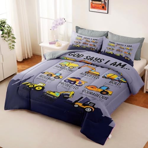 Boys Kids Construction Truck Comforter Set Queen Size,3 Piece Bed in a Bag Cars Excavators Tractor Bedding Set Construction Christian Spirational Comforter with 2 Pillowcases Gray