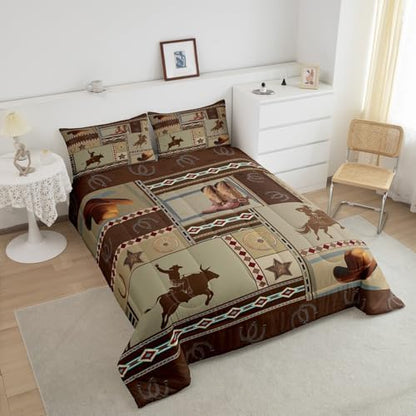 Manfei Western Comforter Set Full Size, Cowboy Bedding Set 3pcs for Kids Boys Teens Bedroom Decor, West Horseshoe Boots Hats Wheels Quilt Set Rustic Farmhouse Duvet Set with 2 Pillowcases