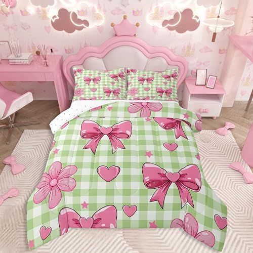 jejeloiu Checkerboard Bowknot Bedding Set Soft for Boys Girls, Pink Bow Comforter Set Toddler Size Plaid Duvet Quilt Microfiber Green Bedroom Decor 2 Pcs with 1 Pillow Cases