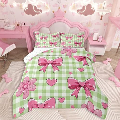 jejeloiu Checkerboard Bowknot Bedding Set Soft for Boys Girls, Pink Bow Comforter Set Toddler Size Plaid Duvet Quilt Microfiber Green Bedroom Decor 2 Pcs with 1 Pillow Cases