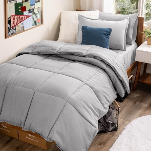 Bare Home Bed-in-A-Bag Comforter & Sheet Set - Twin XL - Goose Down Alternative - Ultra-Soft 1800 Premium Bed Set (Twin XL, Light Grey/Light Grey)