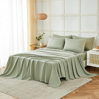 ILAVANDE Sage King Size Sheets Set 6 Piece,Super Soft 1800 Series Microfiber Bed Sheets King Set-Wrinkle & Fade Resistant-14“ Deep Pockets Sheets for King Size Bed(King,Sage Green)