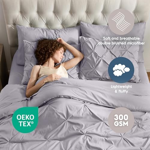 Nestl 9 Piece Full Comforter Set – Grey Lavender Pinch Pleated Bed in a Bag – Complete Full Size Bedding Set with Sheets, Set of 2 Cooling Pillows, Pillowcases and Shams