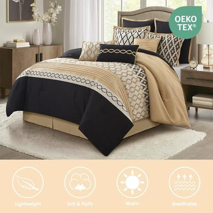 LANCO MODERN LIFESTYLE King Size Comforter Set, Black Gold, 10 Piece Bed in a Bag for All Seasons, Luxury Extreme Comfort Bedding Sets with Bedskirt, Pillow Shams, Euro Shams and Decor Pillows