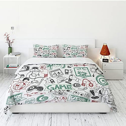 Game Comforter Sets for Boys Teen Twin Size,Kids Video Games Bedding Set Sketch Style Athletic Racing Game Design Bedroom Home Decor