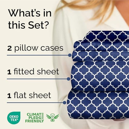 Queen 4 Piece Striped Sheet Set - Breathable & Cooling - Navy Quatrefoil