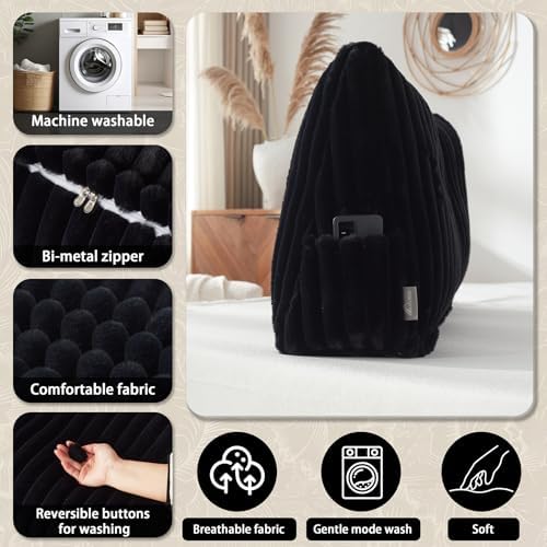 Headboard Pillow + A Long Neck Roll Pillow Body Pillow，Faux Fur Headboard Wedge Pillow with Removable Cover (Black, Queen：59x8x20 inches)