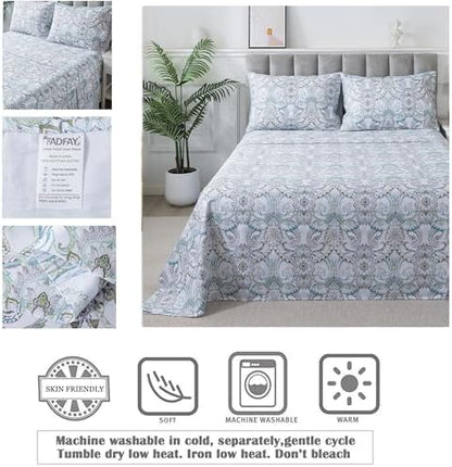 FADFAY Blue Paisley Sheets Set Cal King Boho Paisley Bedding Bohemian Damask Paisley Bed Sheet Breathable 100% Egyptian Cotton 800 Thread Count Deep Pocket Fitted Sheet 4Pcs, California King Size