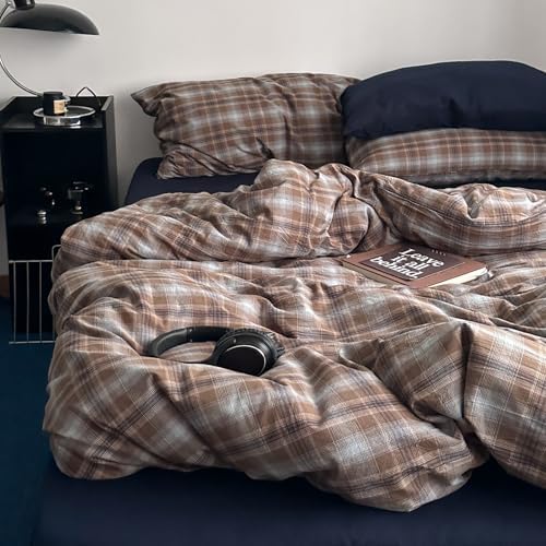 LifeTB Vintage Buffalo Plaid Duvet Cover Set King, Retro Brown&Blue Plaid Checkered Comforter Cover with 2 Pillowcases, 100% Washed Cotton Grid Duvet Cover Breathable Farmhouse Gingham Bedding Set