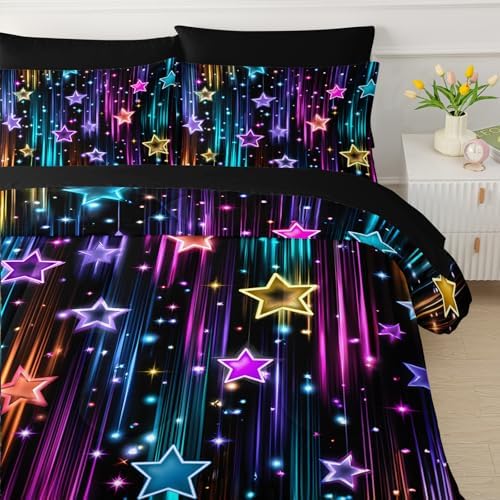 QOOMO Glitter Star 7 Pieces Comforter Set Full Size,Neon Star Bedding Set