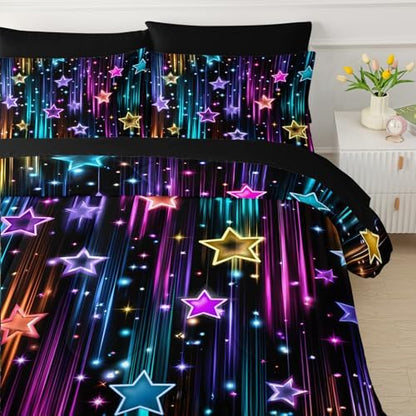 QOOMO Glitter Star 7 Pieces Comforter Set Full Size,Neon Star Bedding Set