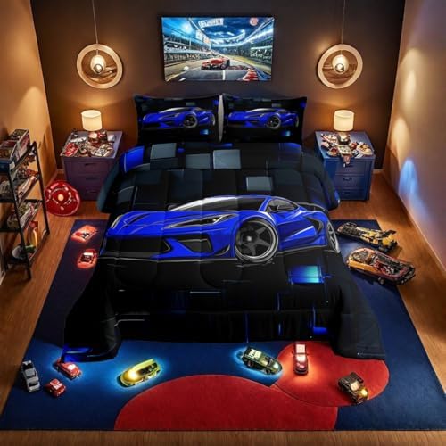 Erosebridal Race Car Twin Comforter Set for Boys Blue Sports Car Kids Bedding Set Cool Speed Race Car Down Comforter Extreme Sports Racing Competition Quilt 3D Geometric Duvet Insert