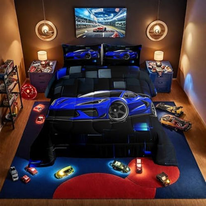 Erosebridal Race Car Twin Comforter Set for Boys Blue Sports Car Kids Bedding Set Cool Speed Race Car Down Comforter Extreme Sports Racing Competition Quilt 3D Geometric Duvet Insert