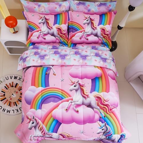 Viviland Kids Full Bedding Sets, Girls Comforter, Unicorn Pink Rainbow